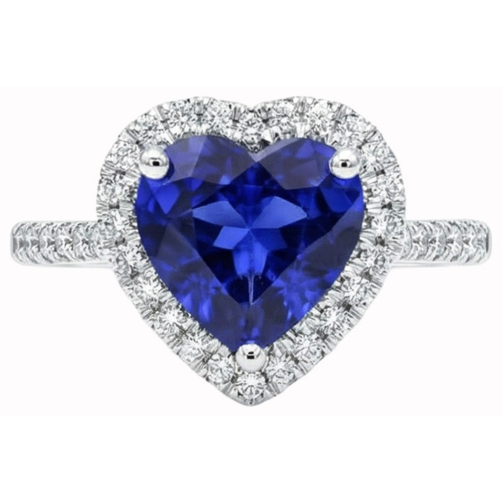 Heart Ceylon Sapphire Round Natural Earth Mined Diamond ( Not Lab Grown ) s Ring 4 Ct White Gold 14K