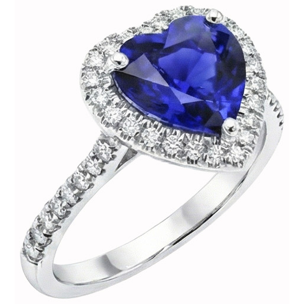 Heart Ceylon Sapphire Round Natural Earth Mined Diamond ( Not Lab Grown ) s Ring 4 Ct White Gold 14K