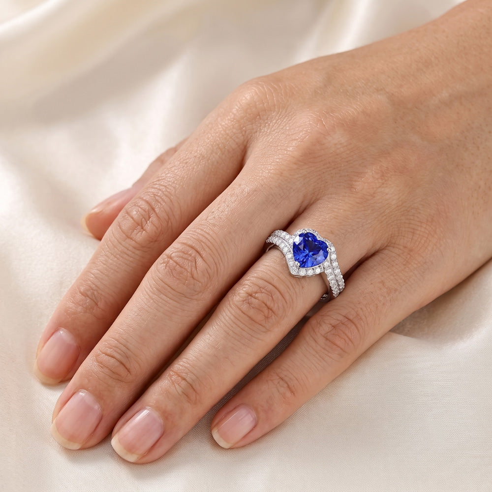 Heart Halo Light Blue Sapphire Ring 4.50 Carats Double Shank Jewelry