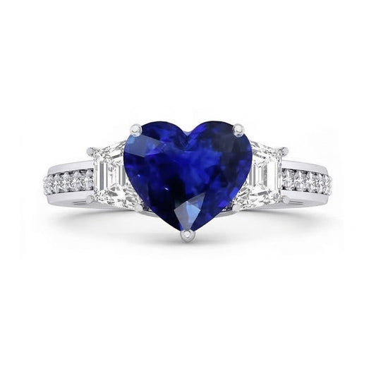 Heart Sapphire Engagement Ring With Round Natural Earth Mined Diamond ( Not Lab Grown )s Jewelry 4.50 Carats