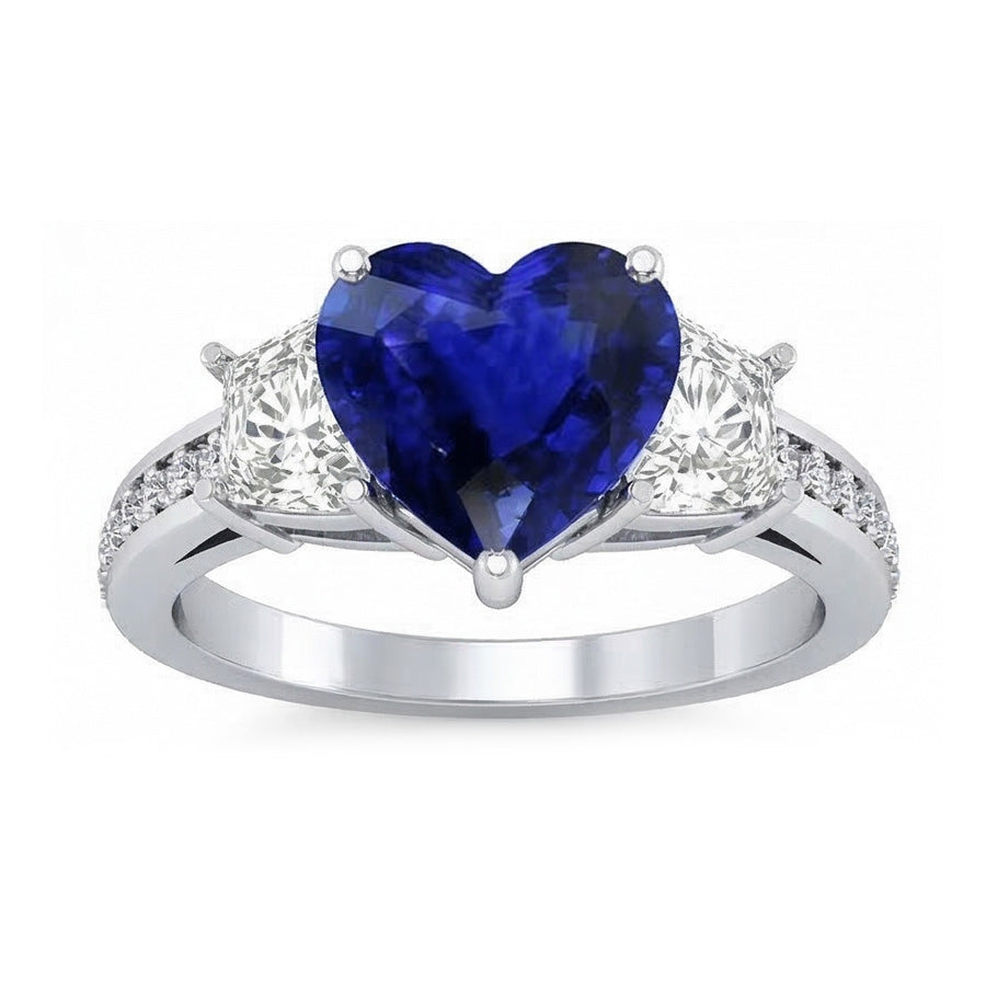 Heart Sapphire Engagement Ring With Round Natural Earth Mined Diamond ( Not Lab Grown )s Jewelry 4.50 Carats
