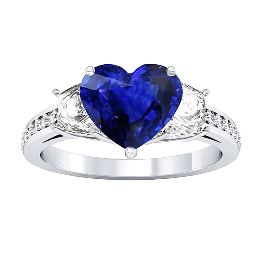 Heart Sapphire Engagement Ring With Round Natural Earth Mined Diamond ( Not Lab Grown )s Jewelry 4.50 Carats