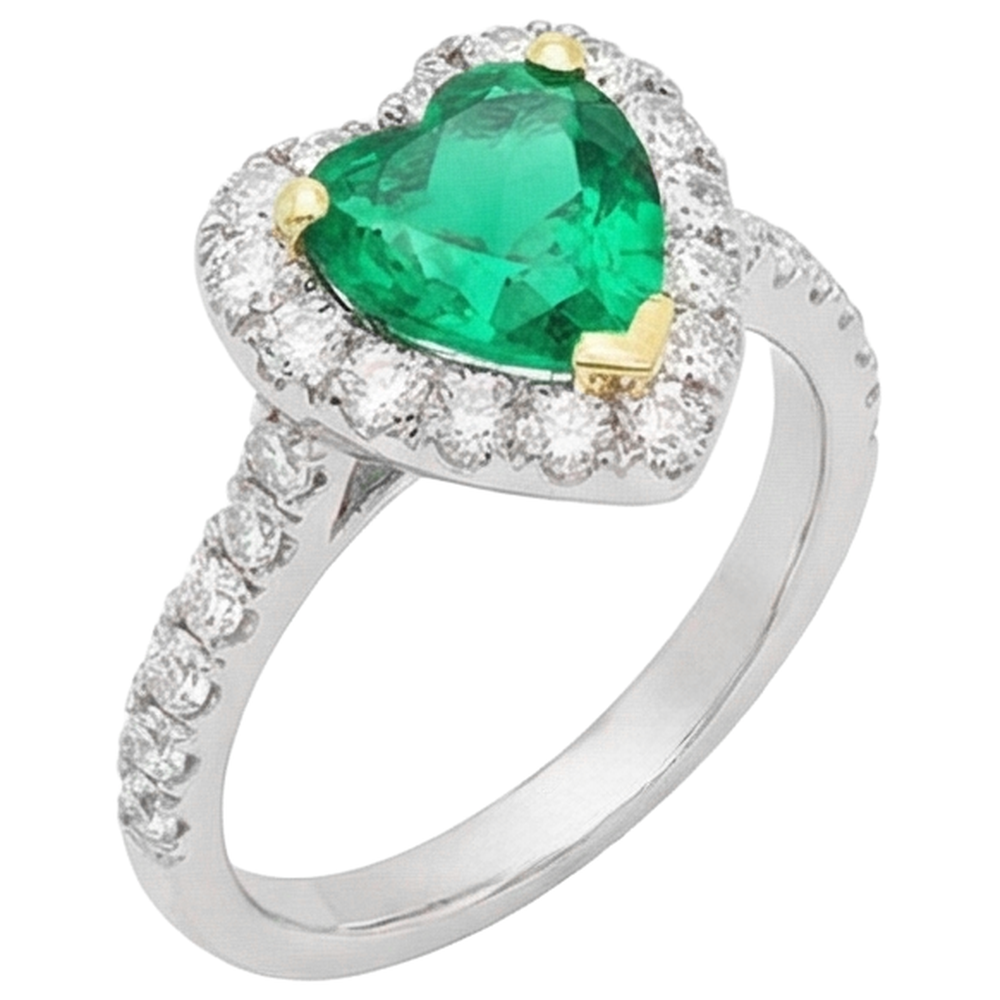 Fine Emerald Heart Shape Colored Stone Ring in 14 Karat Two Tone Gold – front view