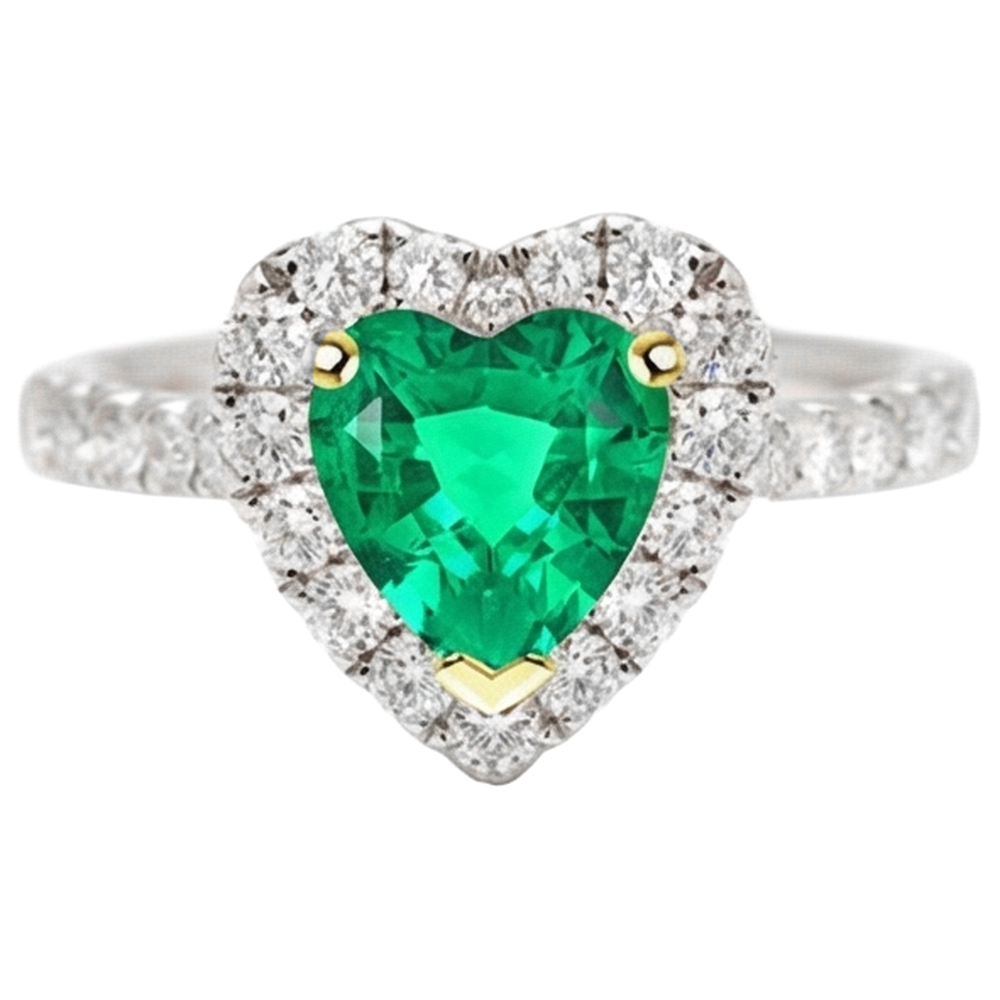 Heart Shape Fine Emerald ring in 14 Karat Two Tone Gold – side view