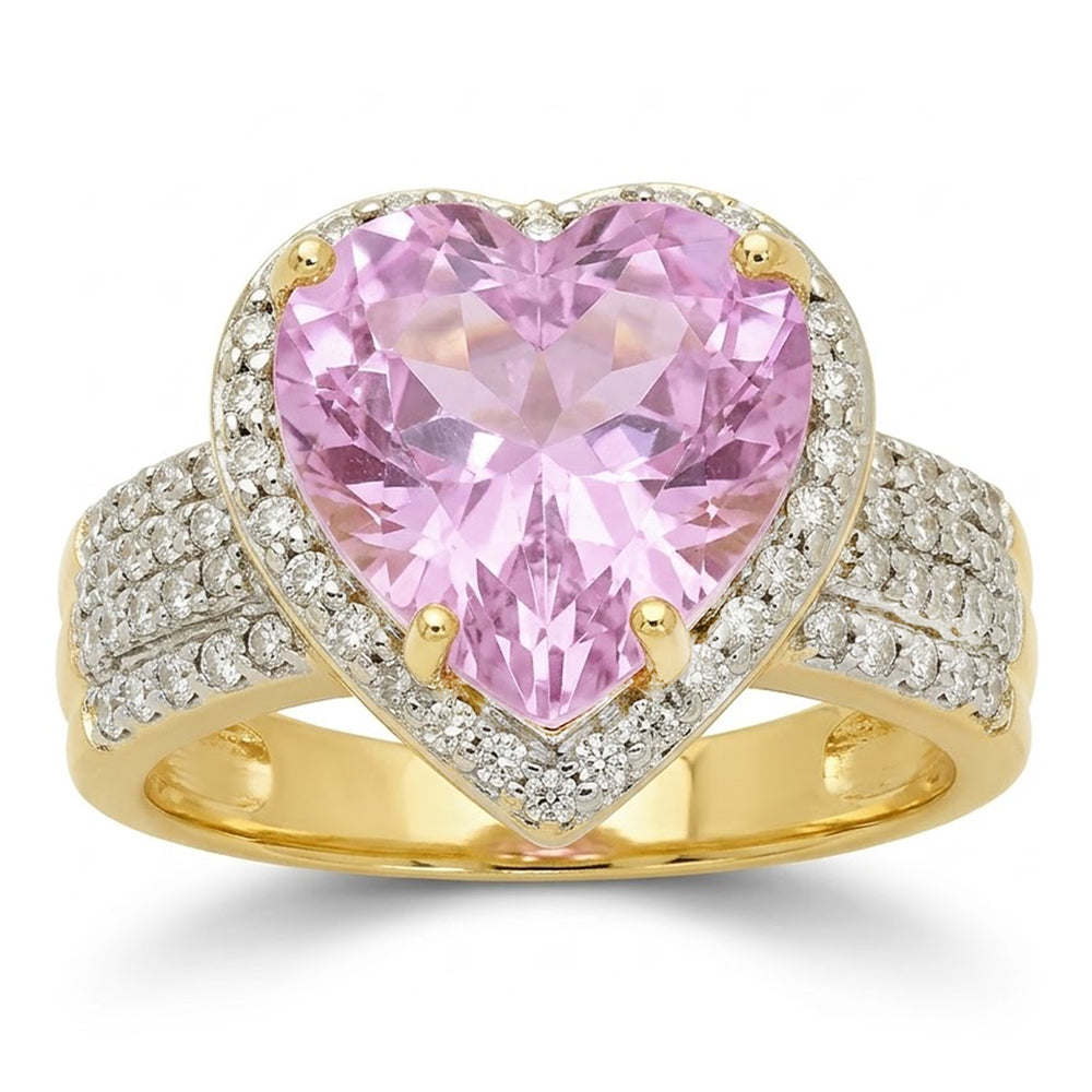 Heart Shape Kunzite With Round Natural Earth Mined Diamond ( Not Lab Grown )s 8.25 Ct. Ring Yellow Gold