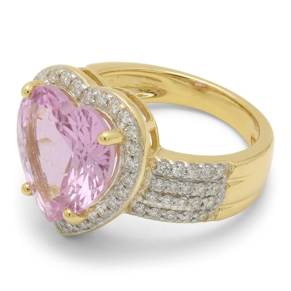 Heart Shape Kunzite With Round Natural Earth Mined Diamond ( Not Lab Grown )s 8.25 Ct. Ring Yellow Gold