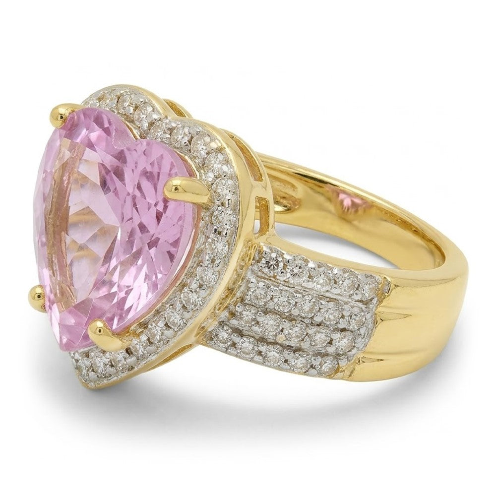 Heart Shape Kunzite With Round Natural Earth Mined Diamond ( Not Lab Grown )s 8.25 Ct. Ring Yellow Gold