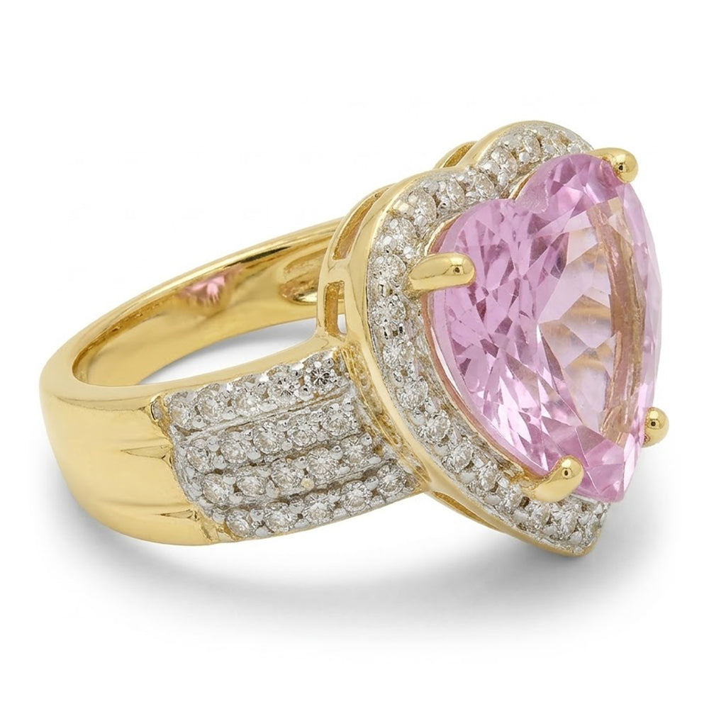 Heart Shape Kunzite With Round Natural Earth Mined Diamond ( Not Lab Grown )s 8.25 Ct. Ring Yellow Gold