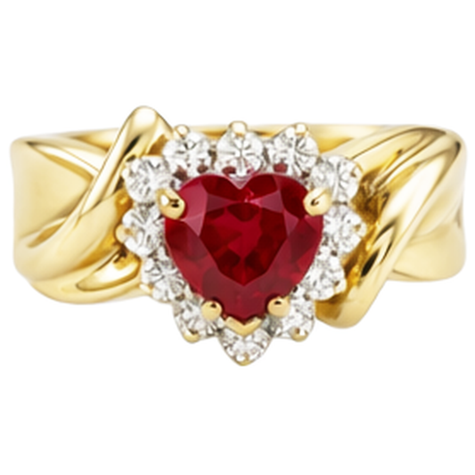 Heart Shaped Red Ruby Natural Earth Mined Diamond ( Not Lab Grown ) Ring 2.15 Carats Yellow Gold 14K