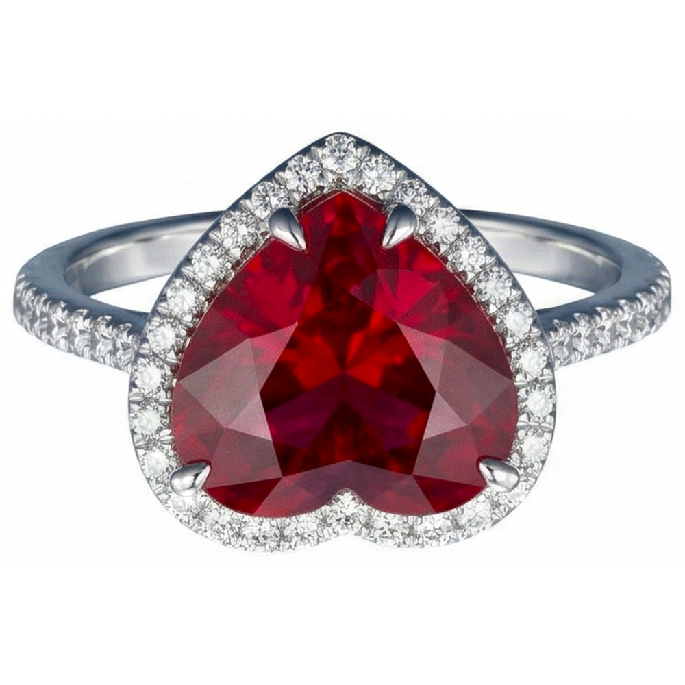 Heart Shaped Ruby And Accents Natural Earth Mined Diamond ( Not Lab Grown )  Ring White Gold 14K 5.35 Ct