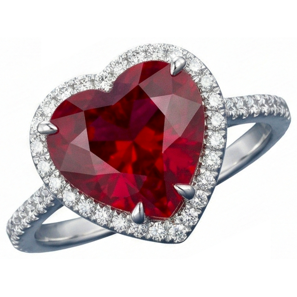 Heart Shaped Ruby And Accents Natural Earth Mined Diamond ( Not Lab Grown )  Ring White Gold 14K 5.35 Ct