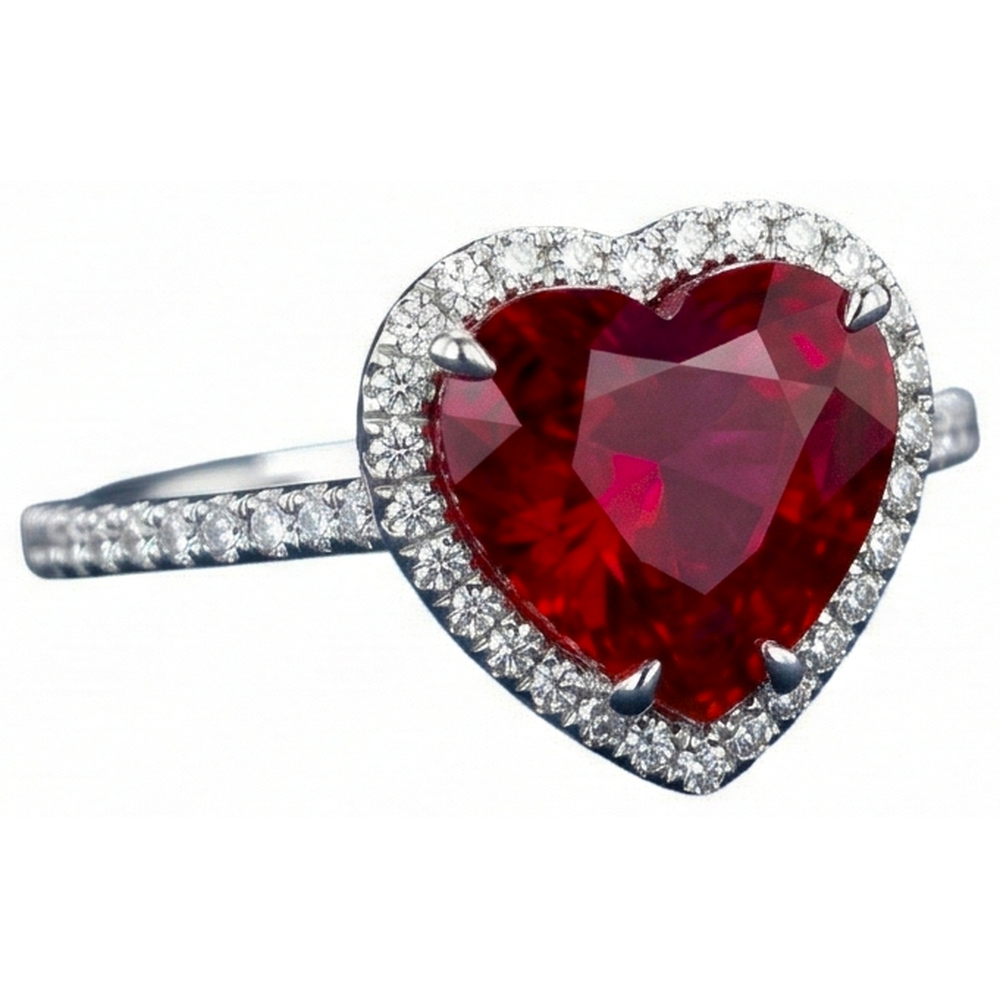 Heart Shaped Ruby And Accents Natural Earth Mined Diamond ( Not Lab Grown )  Ring White Gold 14K 5.35 Ct