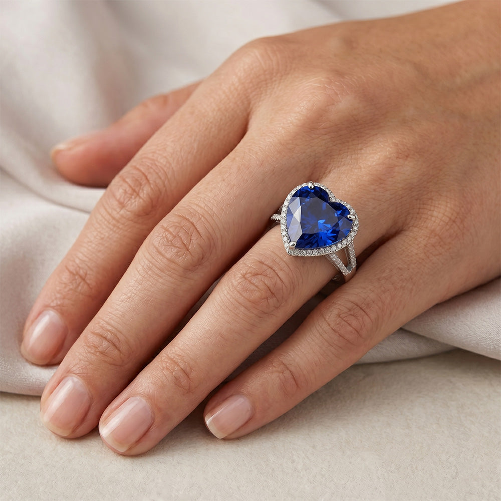 Heart Sri Lanka Sapphire Natural Earth Mined Diamond ( Not Lab Grown ) s White Gold 14K Ring 9.50 Carats