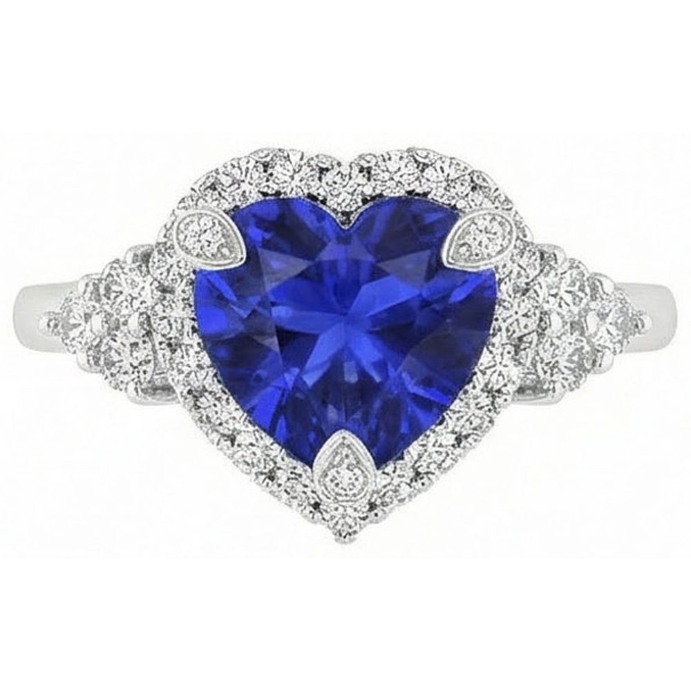 Heart Sri Lanka Sapphire Round Natural Earth Mined Diamond ( Not Lab Grown ) s 8.25 Ct. Ring Gold White 14K