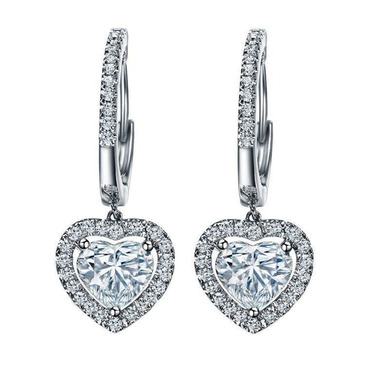 Heart And Round Cut 3.40 Ct Real Diamonds Dangle Earrings Gold White 14K