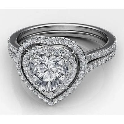 Heart And Round Double Halo Real Diamond Ring 6.55 Carats White Gold