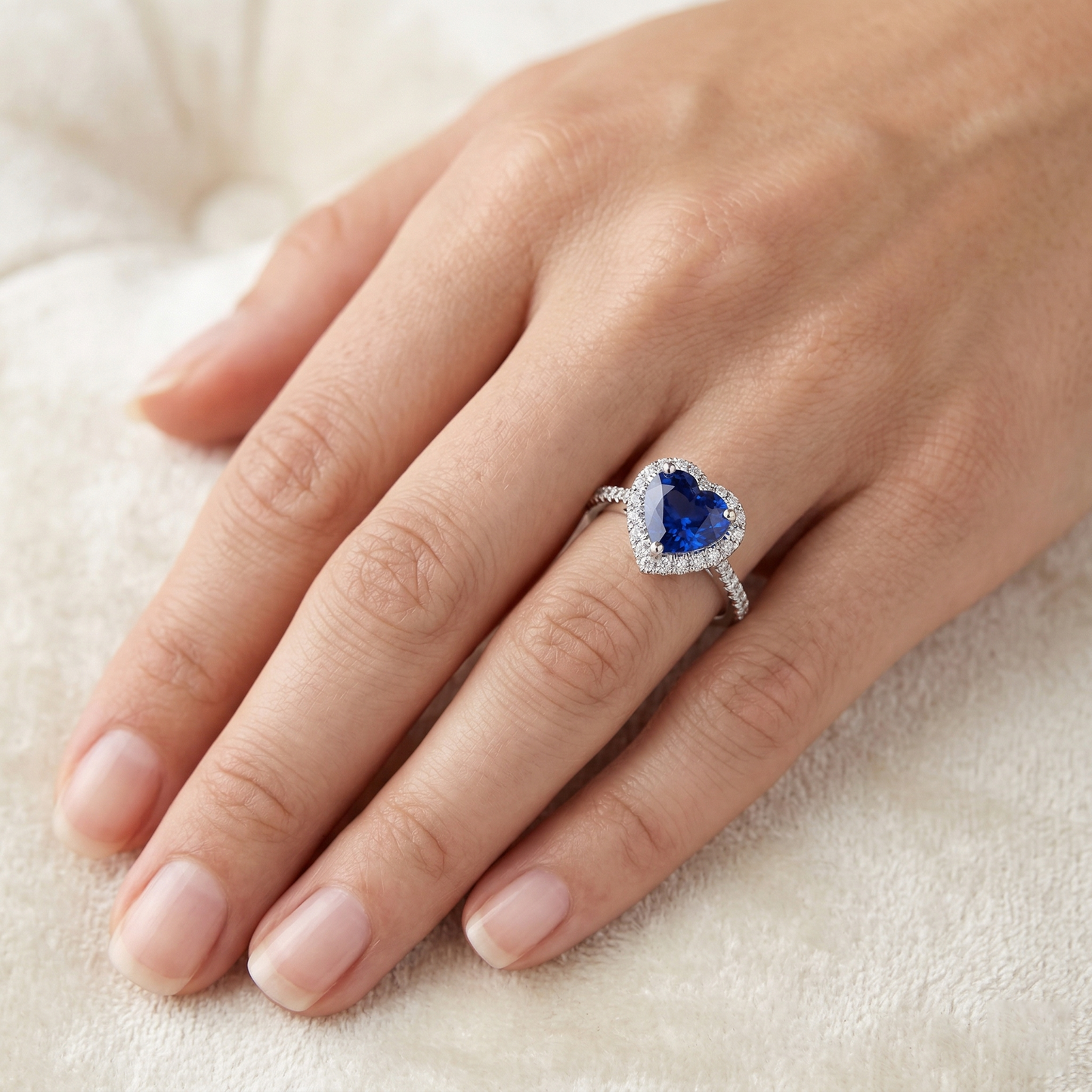Heart Ceylon Sapphire Round Natural Earth Mined Diamond ( Not Lab Grown ) s Ring 4 Ct White Gold 14K