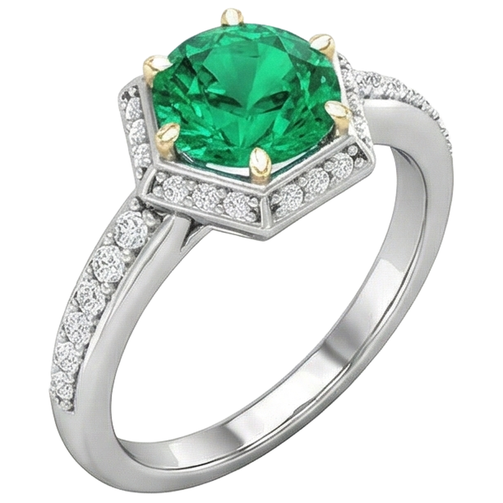 Fine Emerald Round Brilliant Precious Stone Ring in Two-Tone 14K Gold – side view
