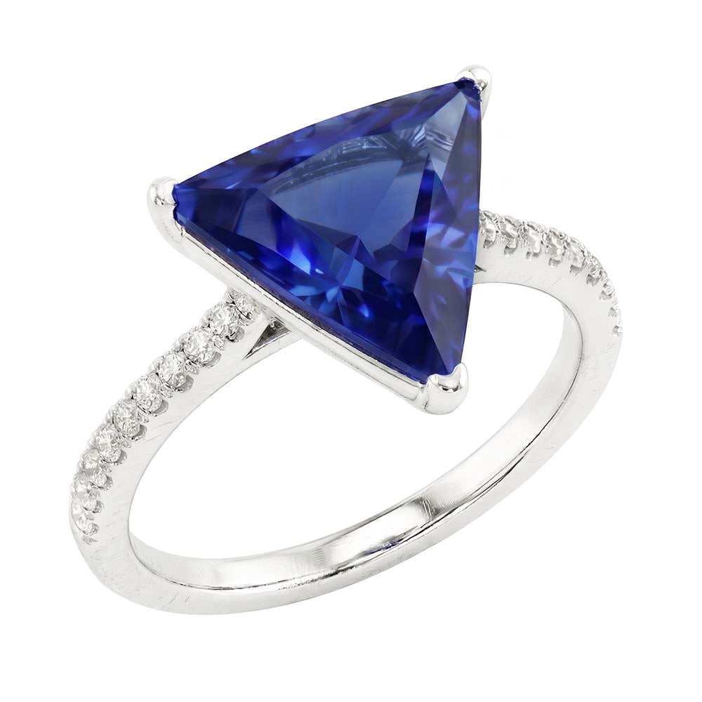 Hidden Halo Ceylon Sapphire Trillion Gemstone Ring Natural Earth Mined Diamond ( Not Lab Grown ) Accented