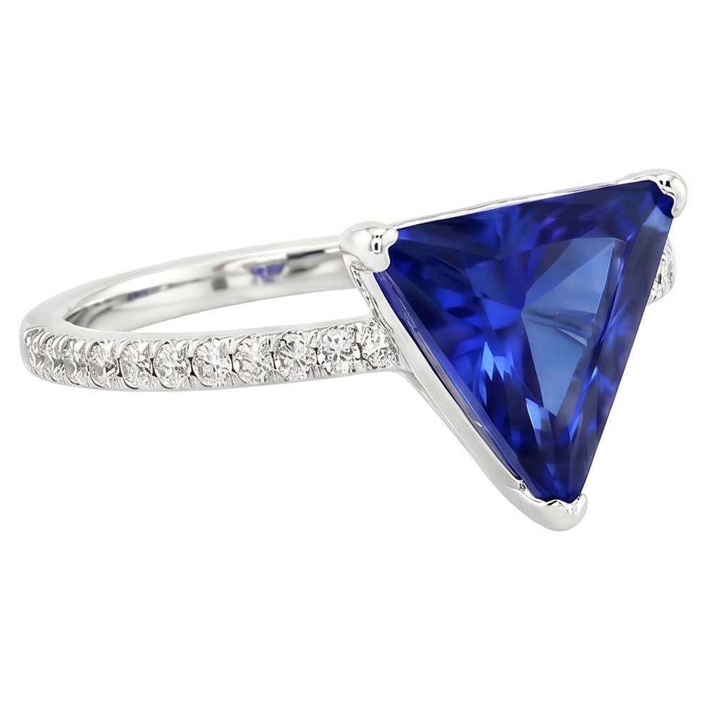 Hidden Halo Ceylon Sapphire Trillion Gemstone Ring Natural Earth Mined Diamond ( Not Lab Grown ) Accented