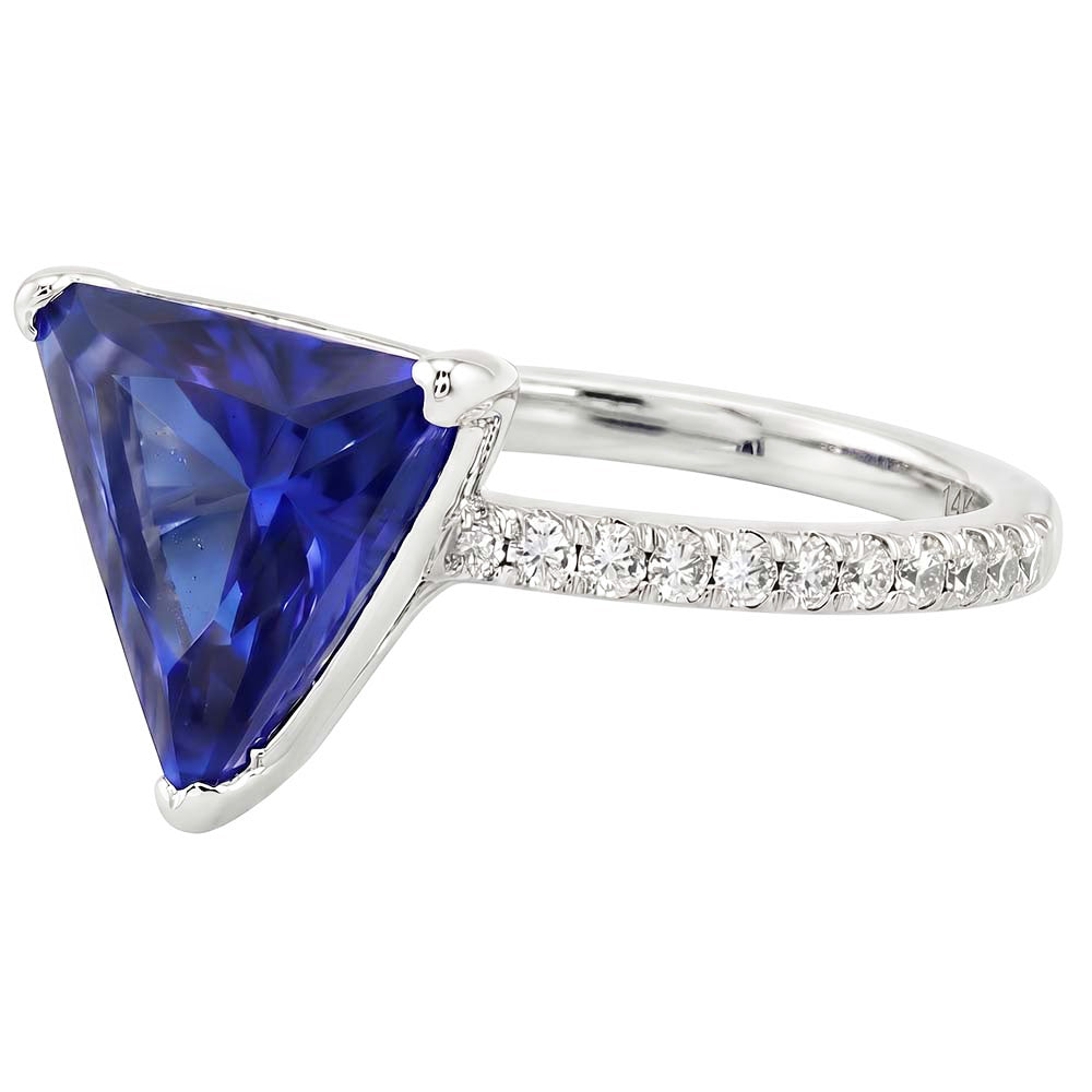 Hidden Halo Ceylon Sapphire Trillion Gemstone Ring Natural Earth Mined Diamond ( Not Lab Grown ) Accented