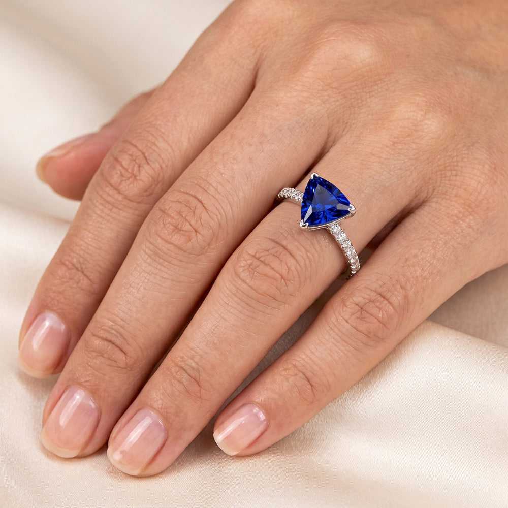 Hidden Halo Ceylon Sapphire Trillion Gemstone Ring Natural Earth Mined Diamond ( Not Lab Grown ) Accented