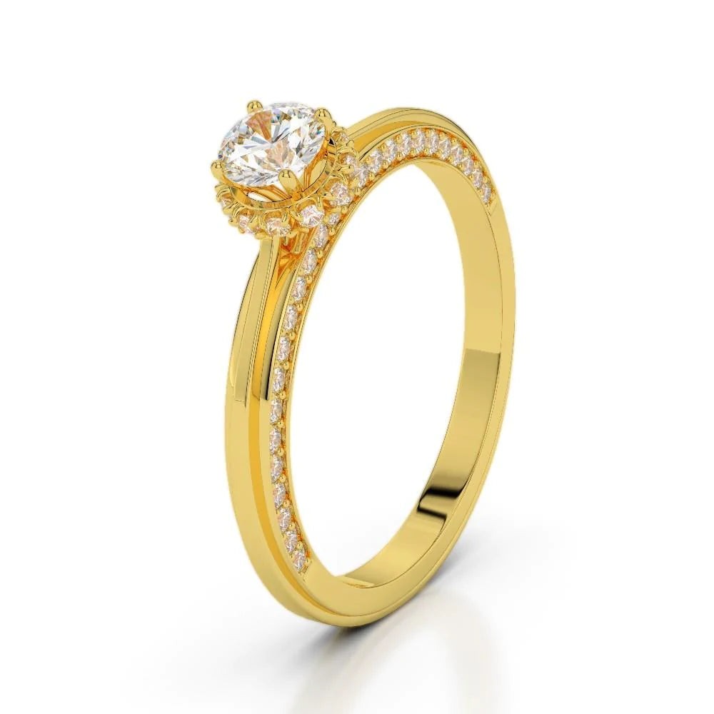 Hidden Halo Round Cut Real Sparkling Diamond Wedding Ring 14K Yellow Gold