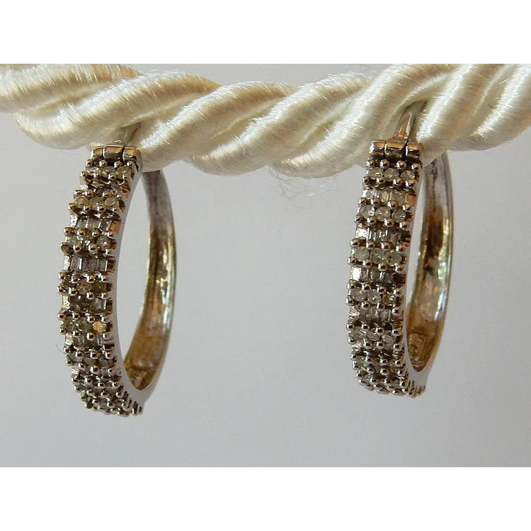 Hoop Earrings Round & Baguettes Genuine Diamond 14K 1.50 Carats