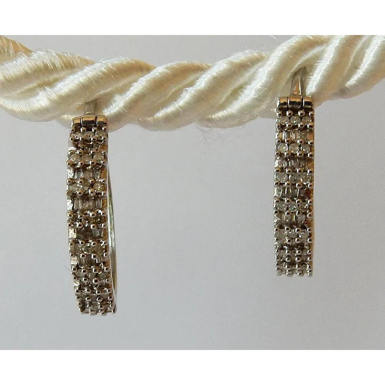 Hoop Earrings Round & Baguettes Genuine Diamond 