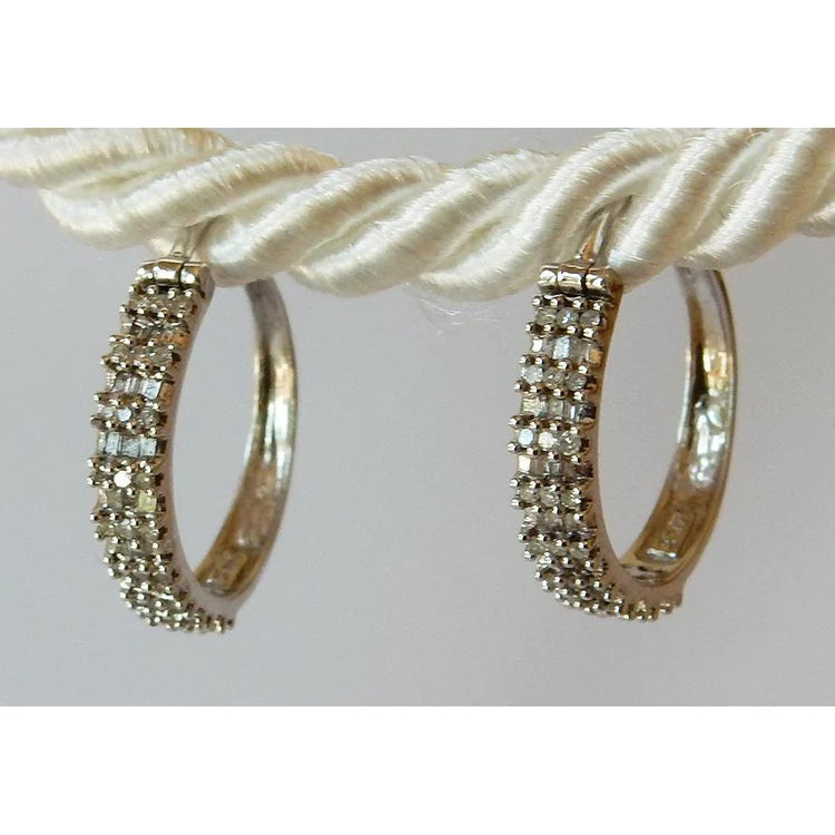 Hoop Earrings Round & Baguettes Genuine Diamond White Gold 14K 1.50 Carats