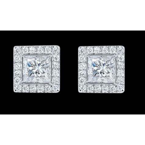Huge 8 Ct. Princess Center Real Diamond Stud Halo Earring Pair