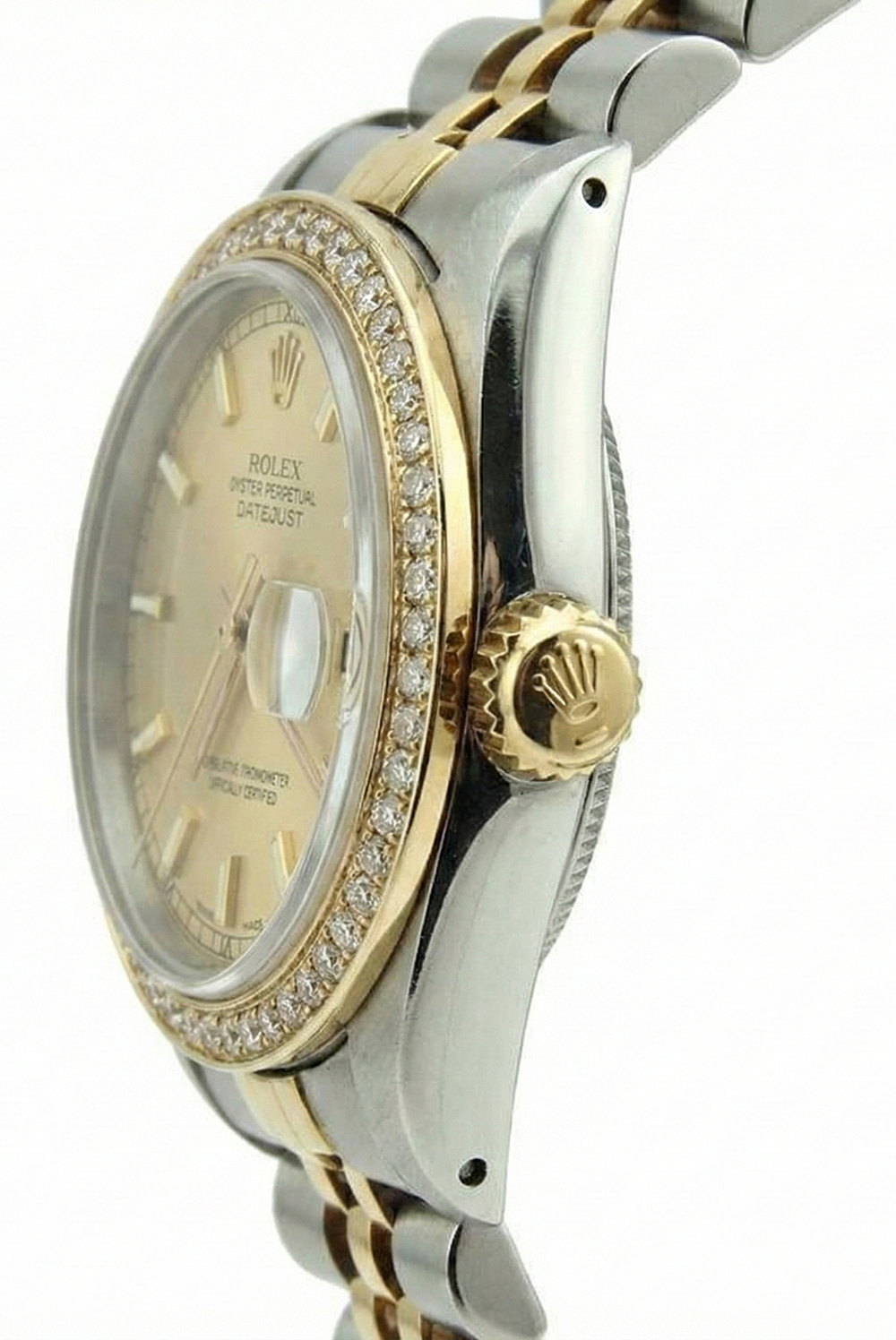 Jubilee Ss & Gold Diamond Bezel Women Watch Stick Dial Rolex Date