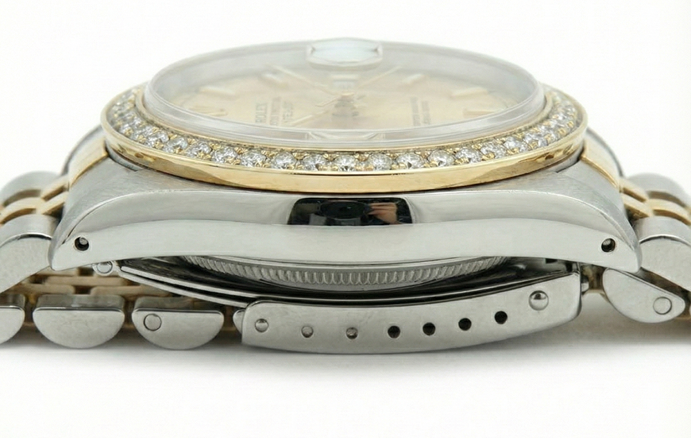 Jubilee Ss & Gold Diamond Bezel Women Watch Stick Dial Rolex Date