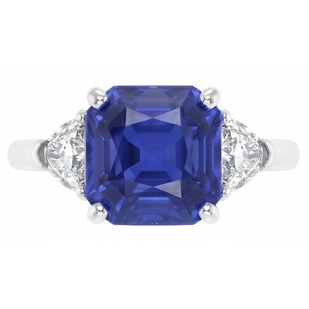Ladies 3 Stone Ring Asscher Ceylon Sapphire & Natural Earth Mined Diamond ( Not Lab Grown )s 4.50 Carats