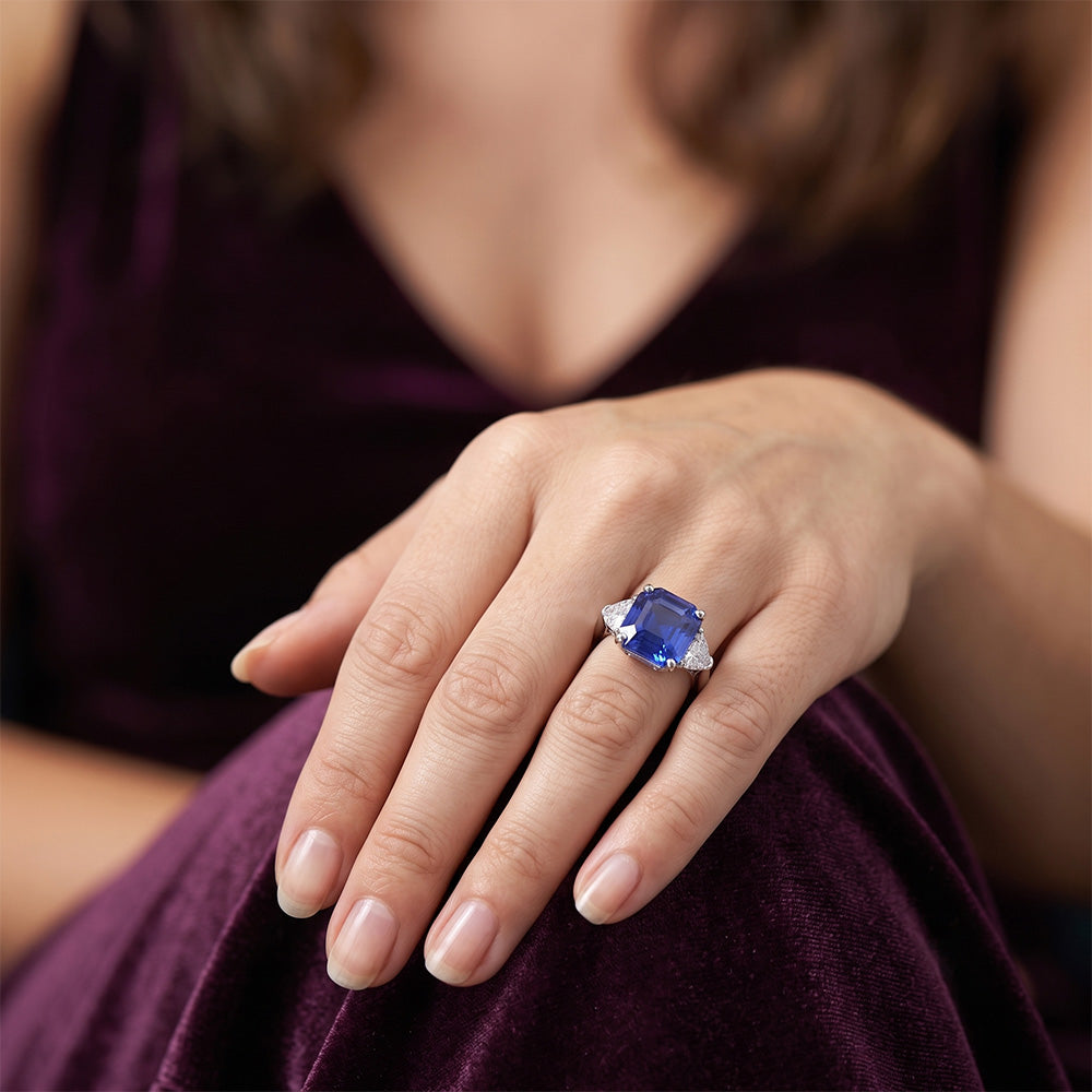 Ladies 3 Stone Ring Asscher Ceylon Sapphire & Natural Earth Mined Diamond ( Not Lab Grown )s 4.50 Carats