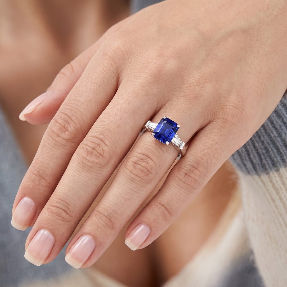 Ladies 3 Stone Sapphire Engagement Ring 2.50 Carats Baguette Natural Earth Mined Diamond ( Not Lab Grown )s