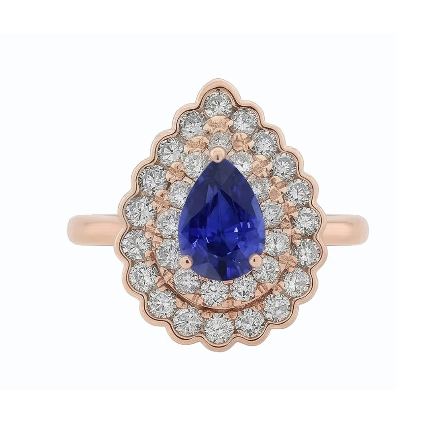 Ladies Double Halo Ring Pear Blue Sapphire & Natural Earth Mined Diamond ( Not Lab Grown )s 3.50 Carats