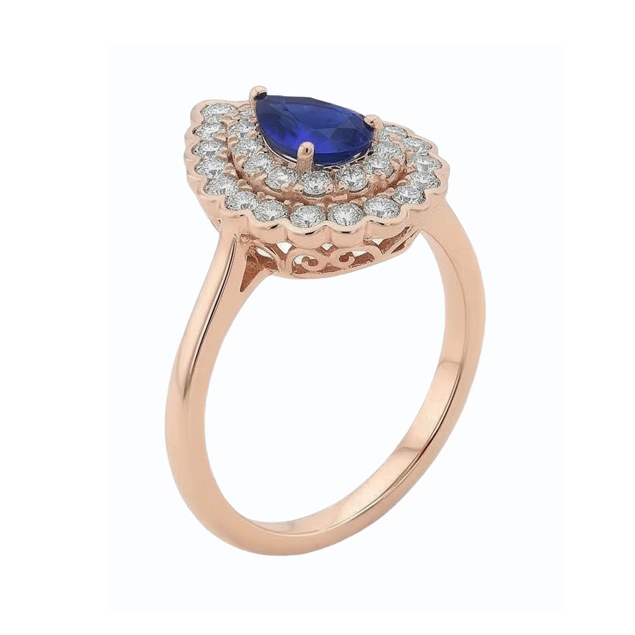 Ladies Double Halo Ring Pear Blue Sapphire & Natural Earth Mined Diamond ( Not Lab Grown )s 3.50 Carats