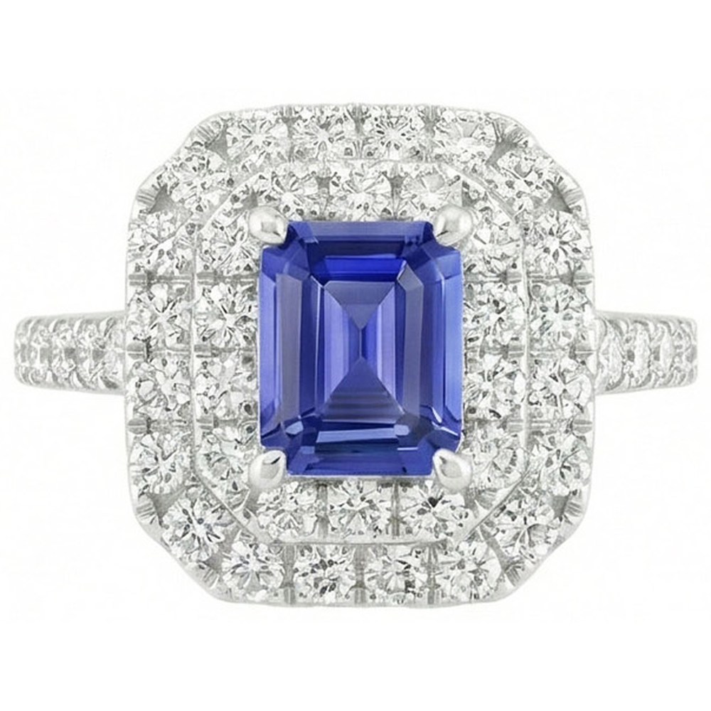 Ladies Double Halo Sri Lankan Sapphire Ring & Natural Earth Mined Diamond ( Not Lab Grown )s 3 Carats