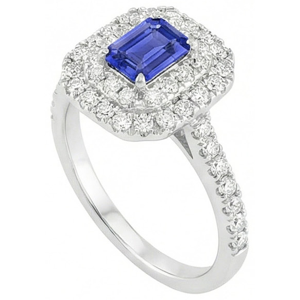 Ladies Double Halo Sri Lankan Sapphire Ring & Natural Earth Mined Diamond ( Not Lab Grown )s 3 Carats