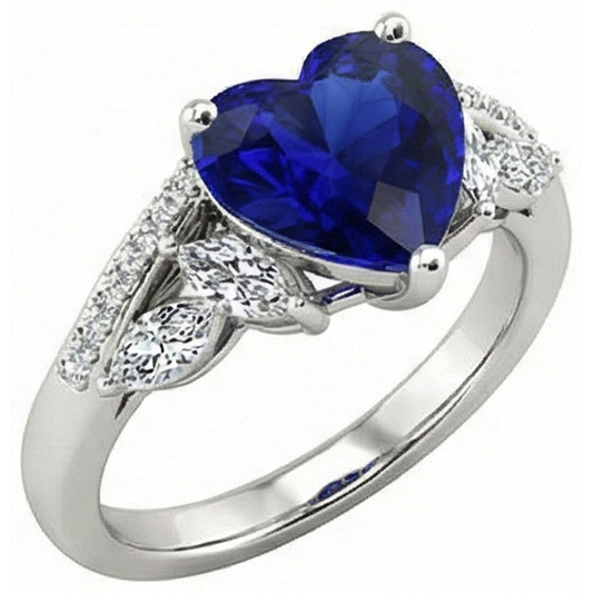 Ladies Gemstone Ring Heart Sapphire Marquise & Round Natural Earth Mined Diamond ( Not Lab Grown )s 4 Carats