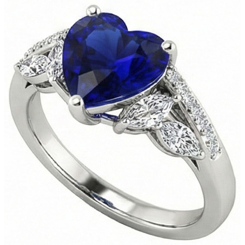Ladies Gemstone Ring Heart Sapphire Marquise & Round Natural Earth Mined Diamond ( Not Lab Grown )s 4 Carats