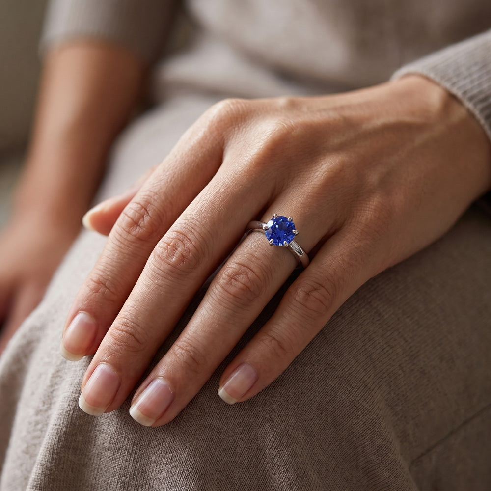 Ladies Gold Ring Blue Sapphire Solitaire 1.50 Carats Pinched Shank