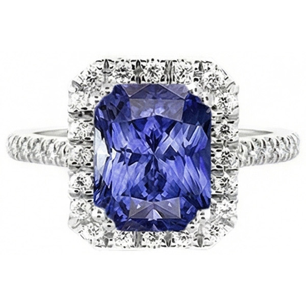 Ladies Halo Deep Blue Sapphire Ring Radiant & Natural Earth Mined Diamond ( Not Lab Grown )s 3.50 Carats