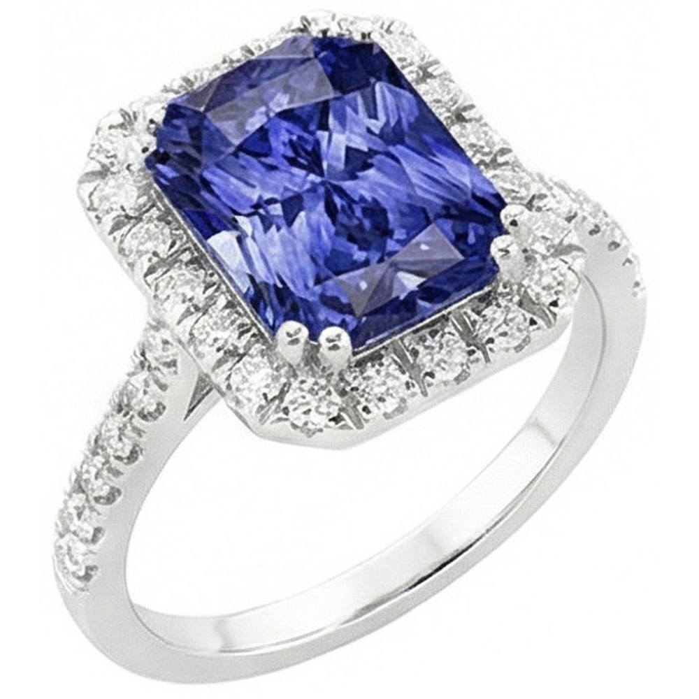 Ladies Halo Deep Blue Sapphire Ring Radiant & Natural Earth Mined Diamond ( Not Lab Grown )s 3.50 Carats