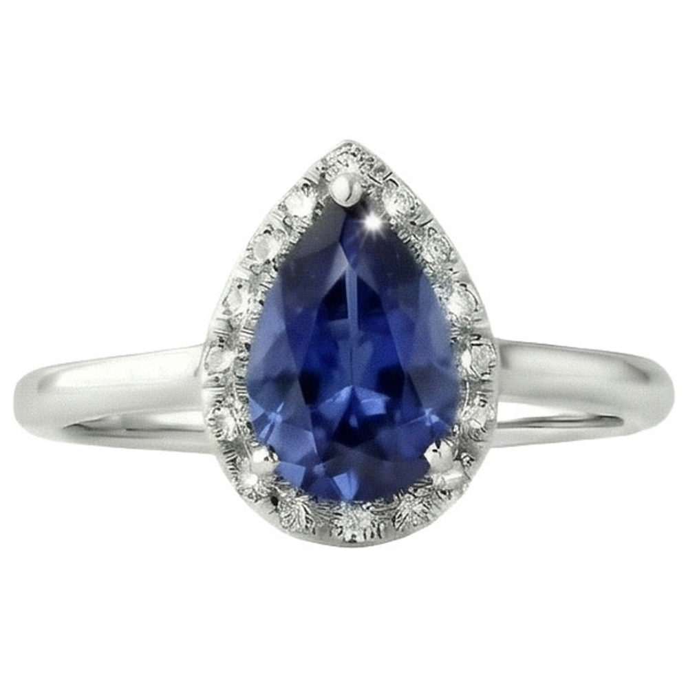 Ladies Halo Ring Pear Cut Ceylon Sapphire 2.50 Carats White Gold 14K