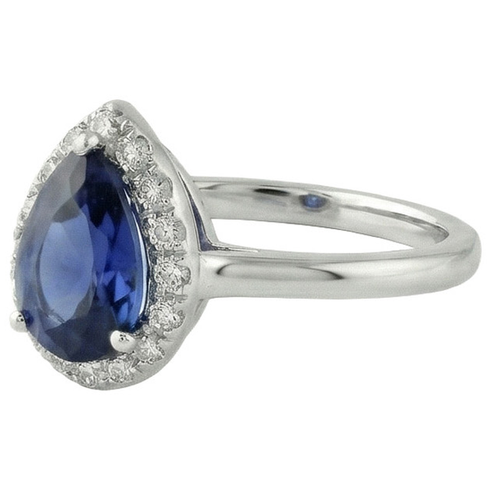 Ladies Halo Ring Pear Cut Ceylon Sapphire 2.50 Carats White Gold 14K