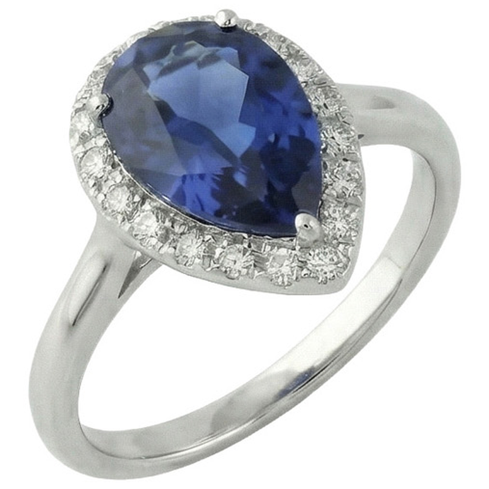 Ladies Halo Ring Pear Cut Ceylon Sapphire 2.50 Carats White Gold 14K