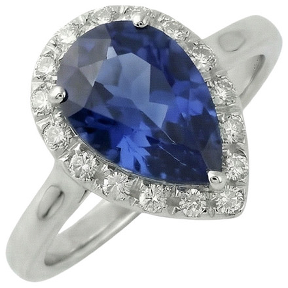 Ladies Halo Ring Pear Cut Ceylon Sapphire 2.50 Carats White Gold 14K