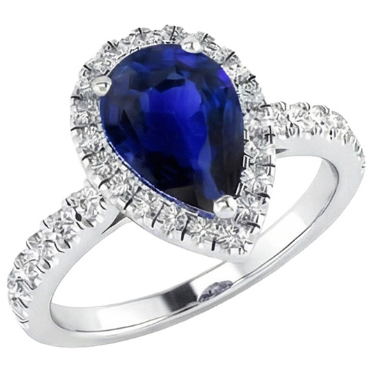 Ladies Halo Sri Lankan Sapphire & Natural Earth Mined Diamond ( Not Lab Grown ) Ring 4 Carats White Gold 14K
